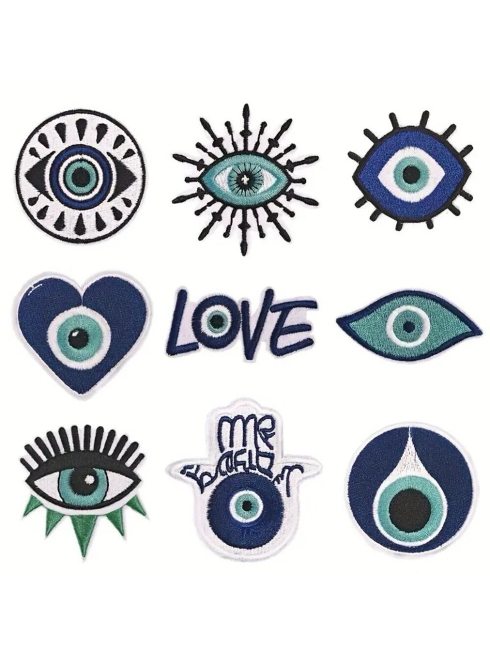 Evil Eye 9 Piece Patch Set Embroidered Iron On Blue White Black Bundle